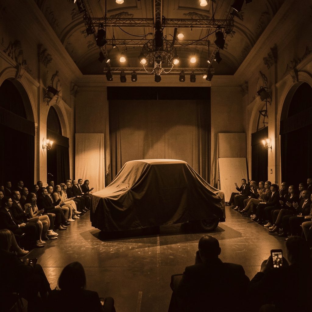 Duotone photograph of an auction hall interior with a covered vehicle on stage, warm amber and deep brown tones.