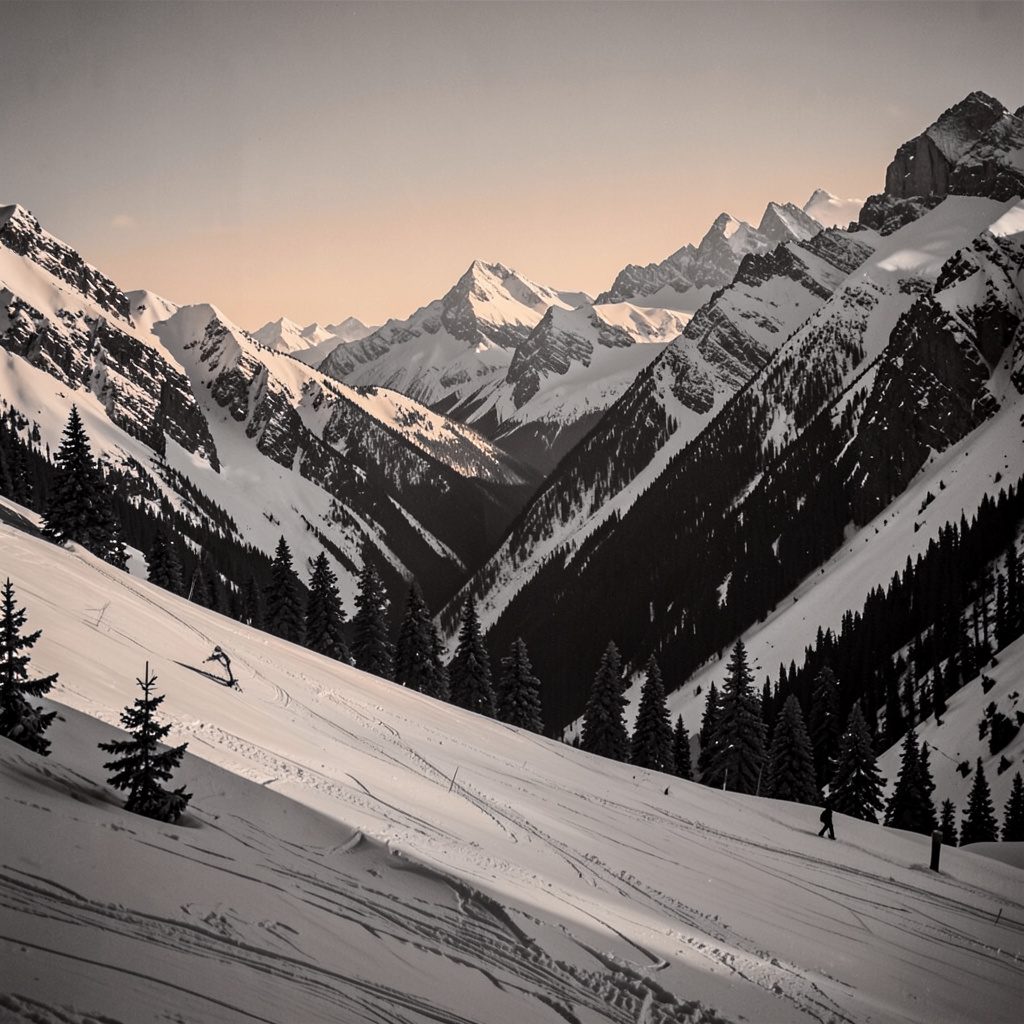 A duotone photograph of a snowy mountain slope with skiers making their way down, crisp whites and deep slate grays, capturing the quiet thrill of a family ski trip.